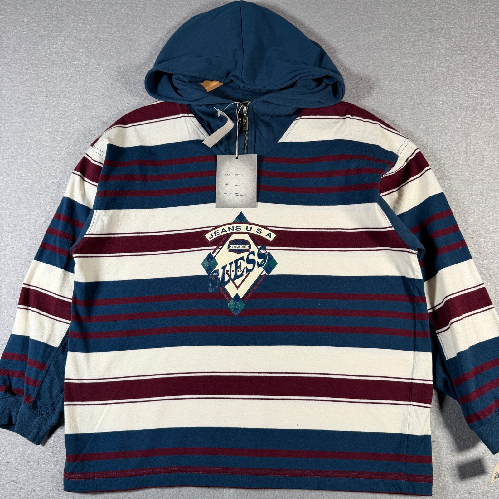 Vintage Guess Jeans Usa Striped Quarter Zip Hoodie Deep Slate Blue Cream Size L